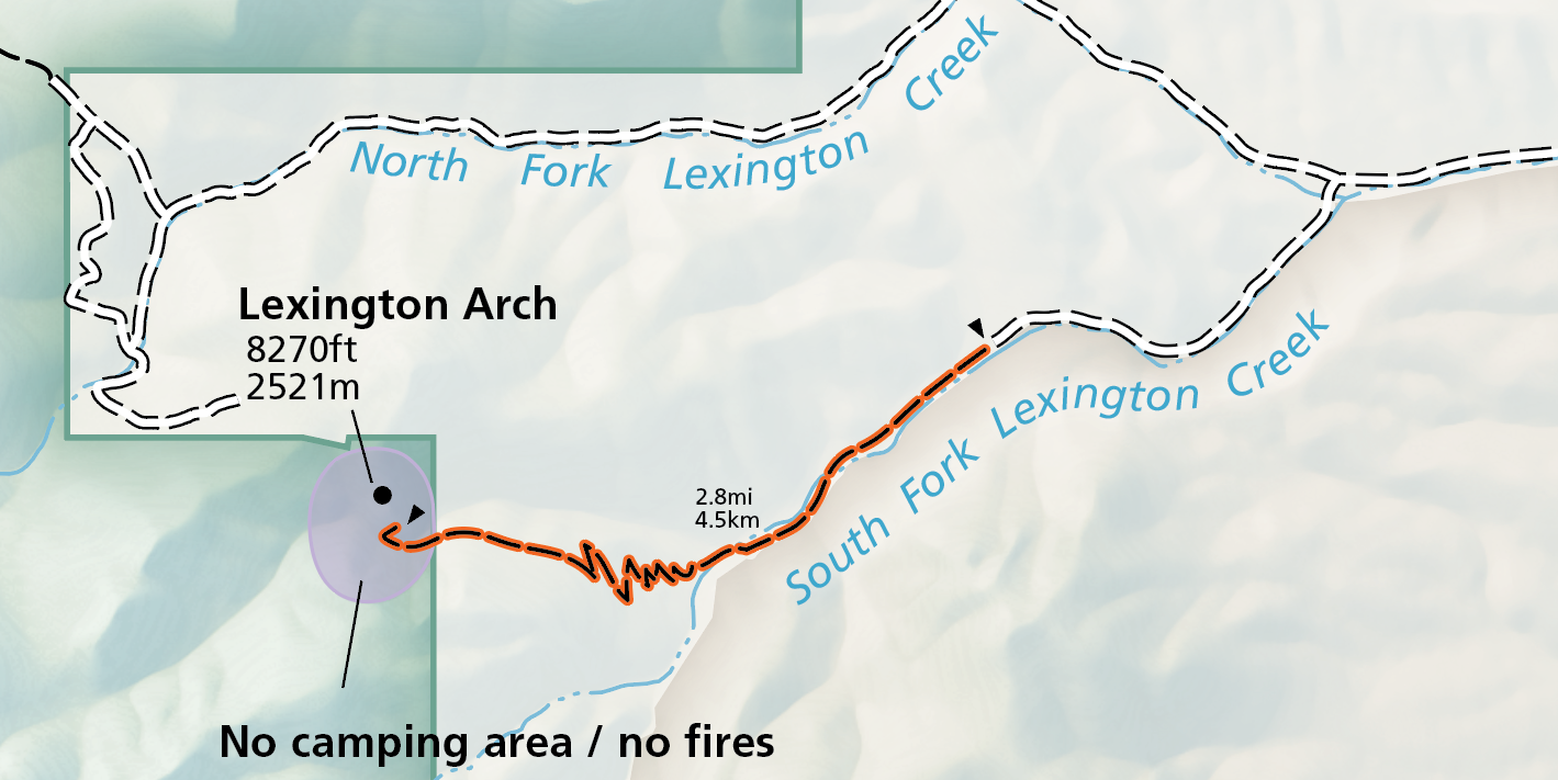 A selection of the official map of the national park. A white 4wd road terminates and meets with an orange highlighted trail, who's visible end is labeled with "Lexington Arch." The road has a split, with the south one leading to the arch trailhead