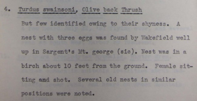 journal entry stating where a Swainson Thrush nest was found in 1880