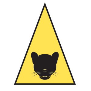 A yellow triangle with a symbol of a panther face within it.