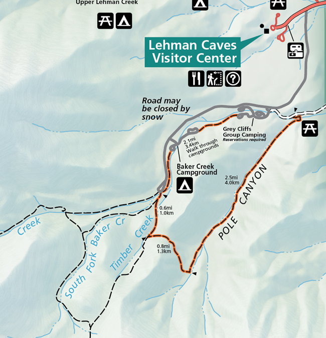 A color image of a selection of the great basin park map. Pole canyon highlighted in orange is labelled as such and emerges from a white road and traversing through two campgrounds.
