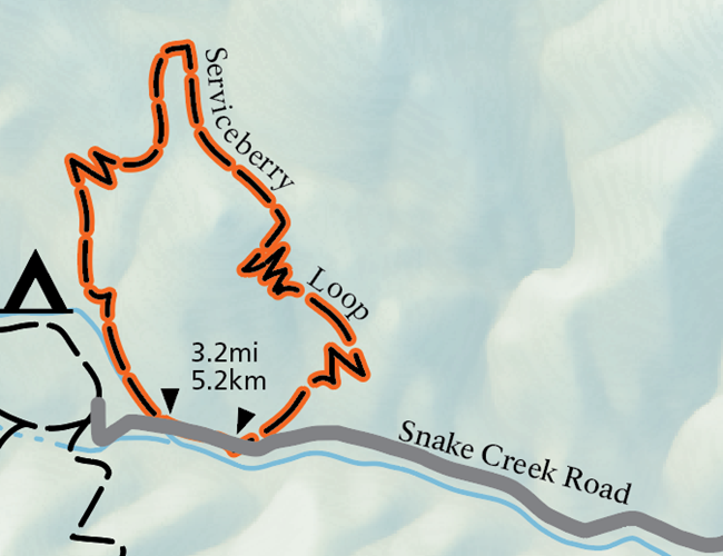 A color image of a map, with a orange highlighted loop trail on one side above a grey road line. Arrows indicating length are labeled "3.2mi/5.2km," the trail is labeled "Serviceberry Loop," and the grey road is labeled "Snake Creek Road," all in black.