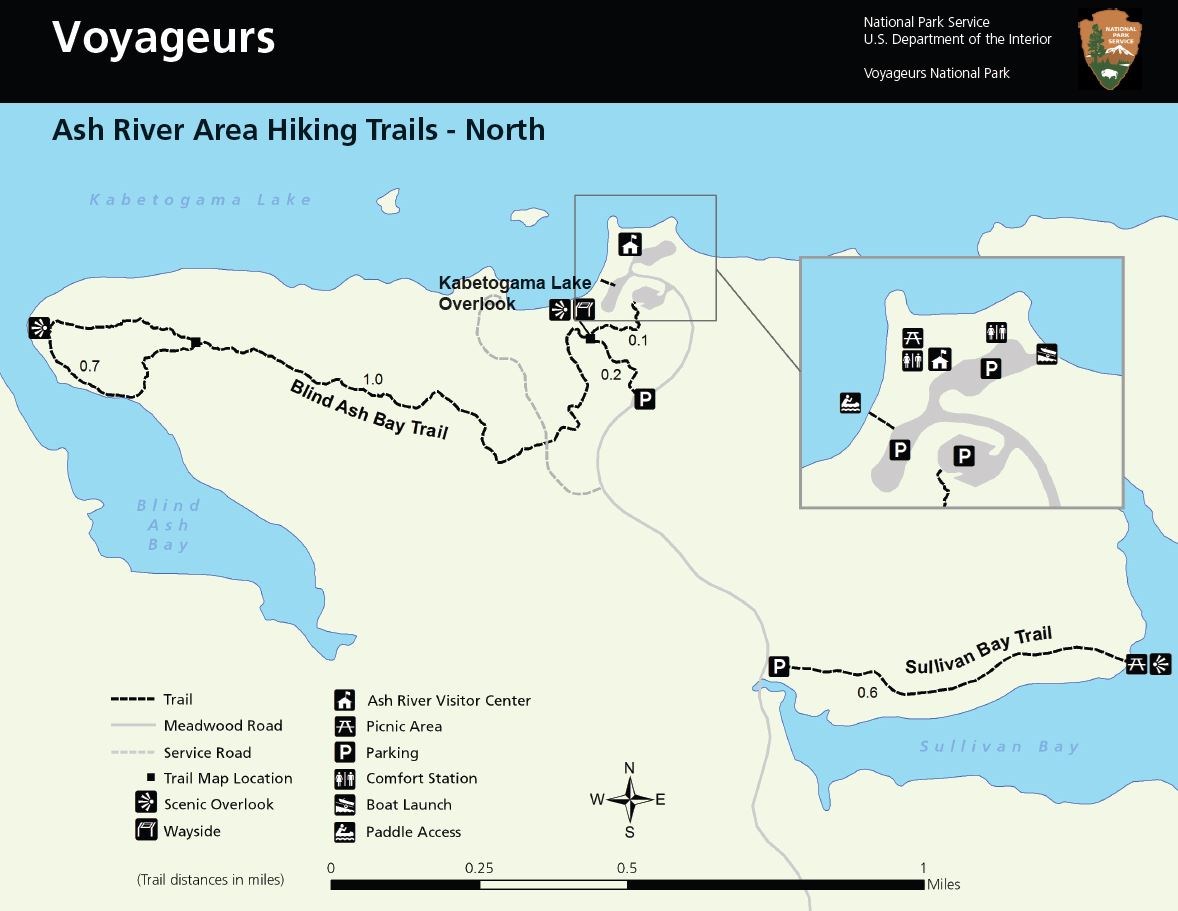 Detailed map of the trails near the Ash River Visitor Center with mileage distances and locations of water.