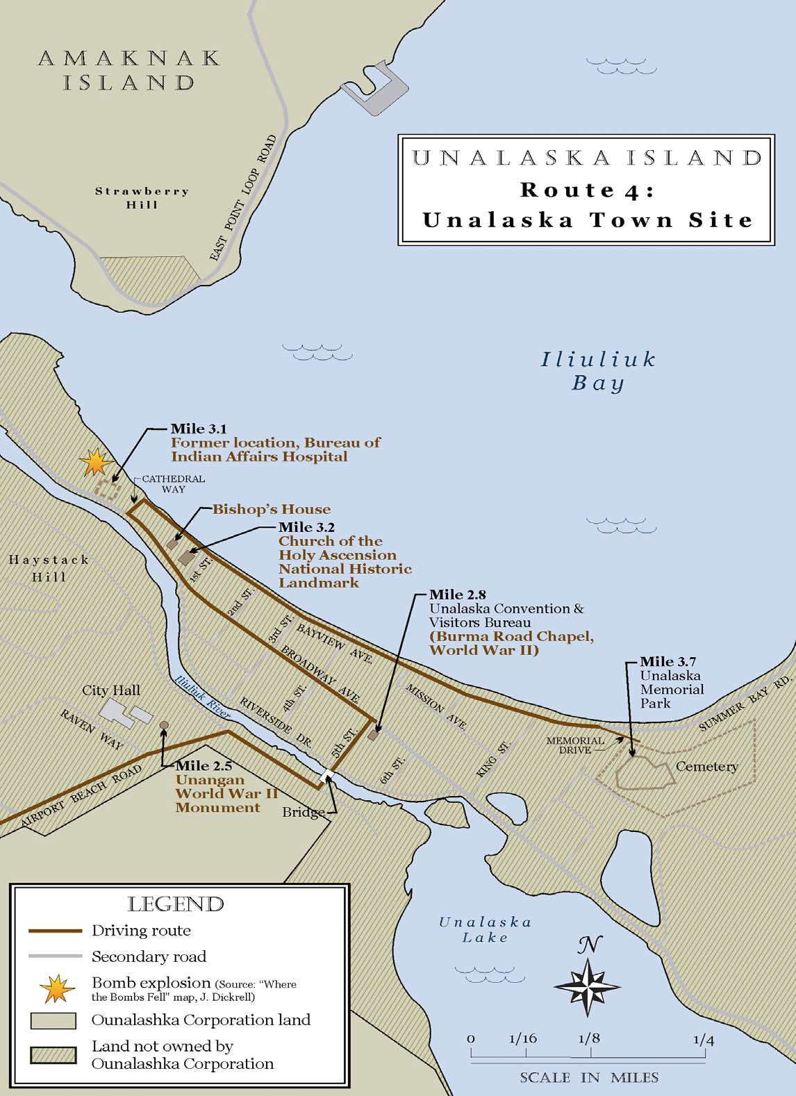 map showing driving route along a peninsula on Unalaska Island highlighting 5 sites
