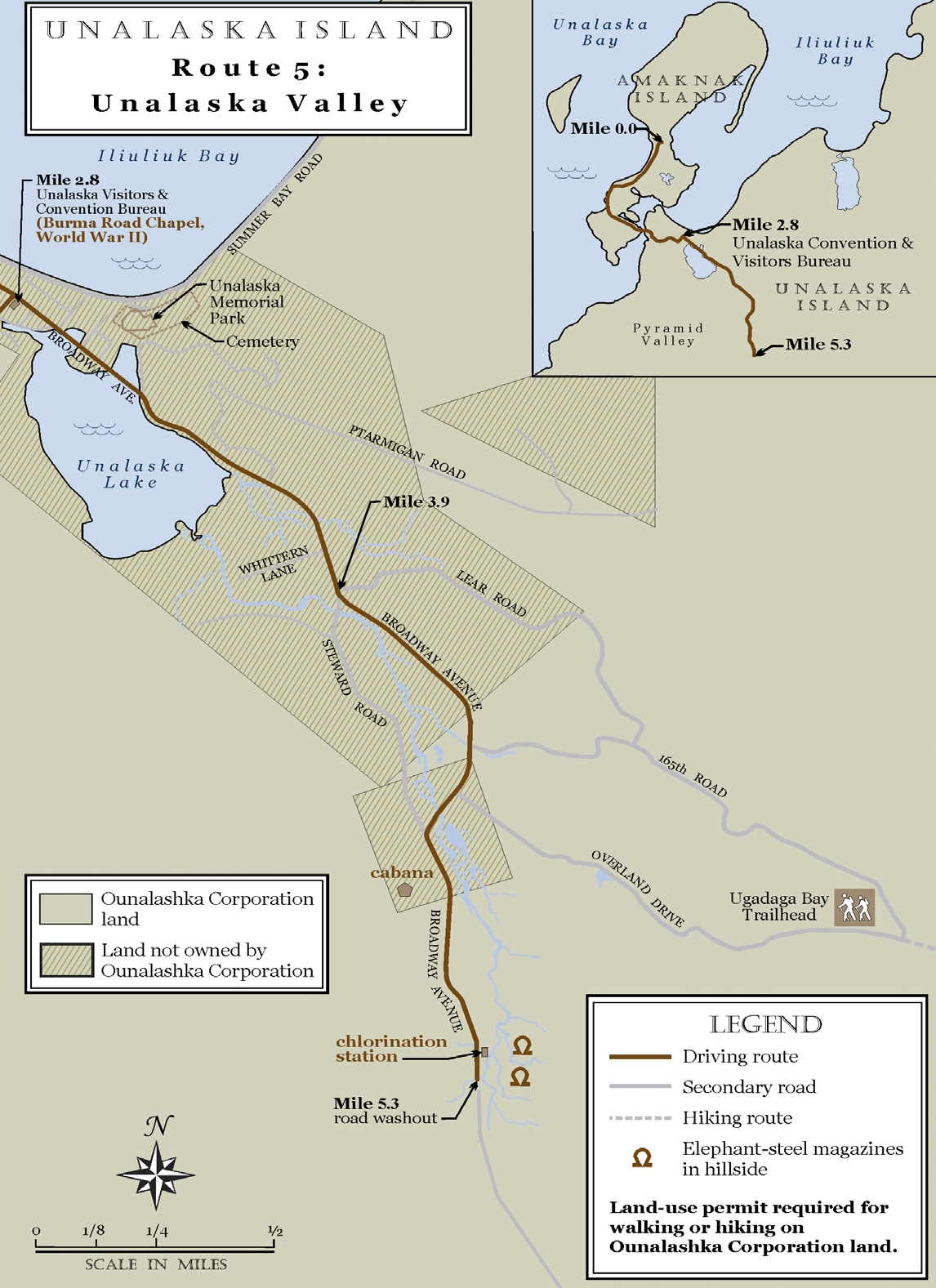 map of driving route from ocean into Unalaska Valley highlighting 4 sites