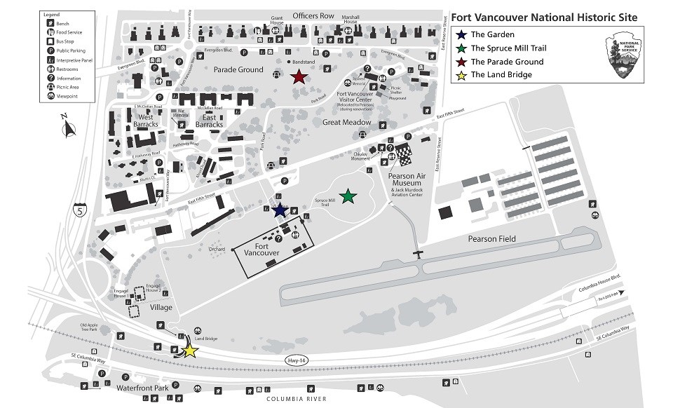 A map of Fort Vancouver National Historic Site. The Fort Vancouver Garden is marked with a blue star. The Spruce Mill Trail area is marked with a green star. The Parade Ground is marked with a red star. The Land Bridge is marked with a yellow star.