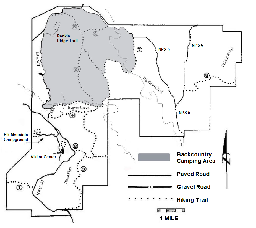 a map of the park, the northwest corner is gray and marked for backcountry camping