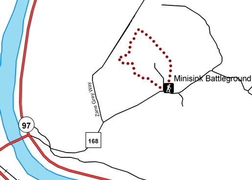 map of minisink battleground park trail loop. To reach trailhead from Route 97, turn onto Route 168 off of 97. 168 splits into 2 roads, Zane Grey Way on the left and an unmarked road on right. Go right and the Trailhead will be on this road. Trail is loop