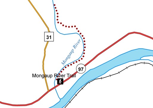 Map of mongaup river trail. Trailhead starts on route 97, which runs parallel to river. Trail is linear, starting next to 97 and following mongaup river away from 97. Route 31 follows same direction as mongaup river, but is not immediately next to it.