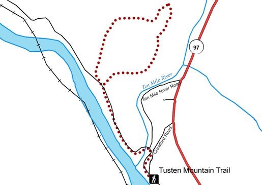 Map of Tusten mountain trail. Trail starts at Ten Mile River access, on Crawford Road. Trail follows along river, crossing over Ten Mile River, before turning into an inland loop and reconnecting to linear trail back to Ten Mile River access.