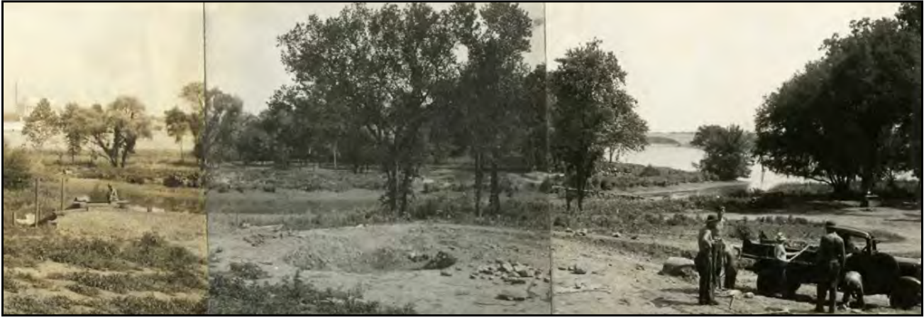 A panoramic black and white photograph on TRIS under construction. In the Background are a few large trees, and further behind that can be seen the Potomac River along the whole length of the image.
