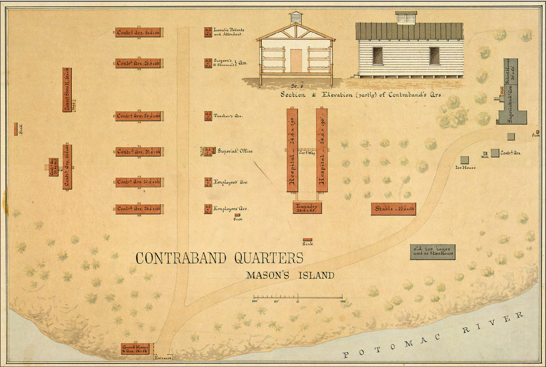 A map of the Freedmen “Contraband Quarters” camp on Theodore Roosevelt Island showing various buildings on the island for the housing of newly freed African Americans after the Civil War.