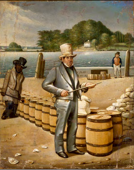 A painting of a White man dressed in a grey suit, wearing a white top hat, and holding a cane standing on the shore of the Potomac River in Georgetown.
