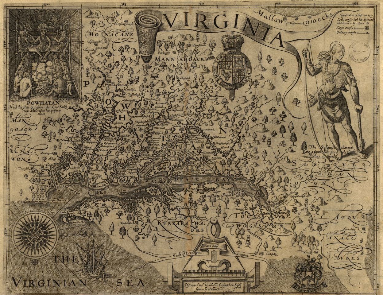 John Smith’s 1608 map of Virginia zoomed in on the region of modern-day Washington D.C. along the Potomac River. This map is oriented with north to the right of the map.  Native American settlements are depicted on the two opposing banks of the Potomac.