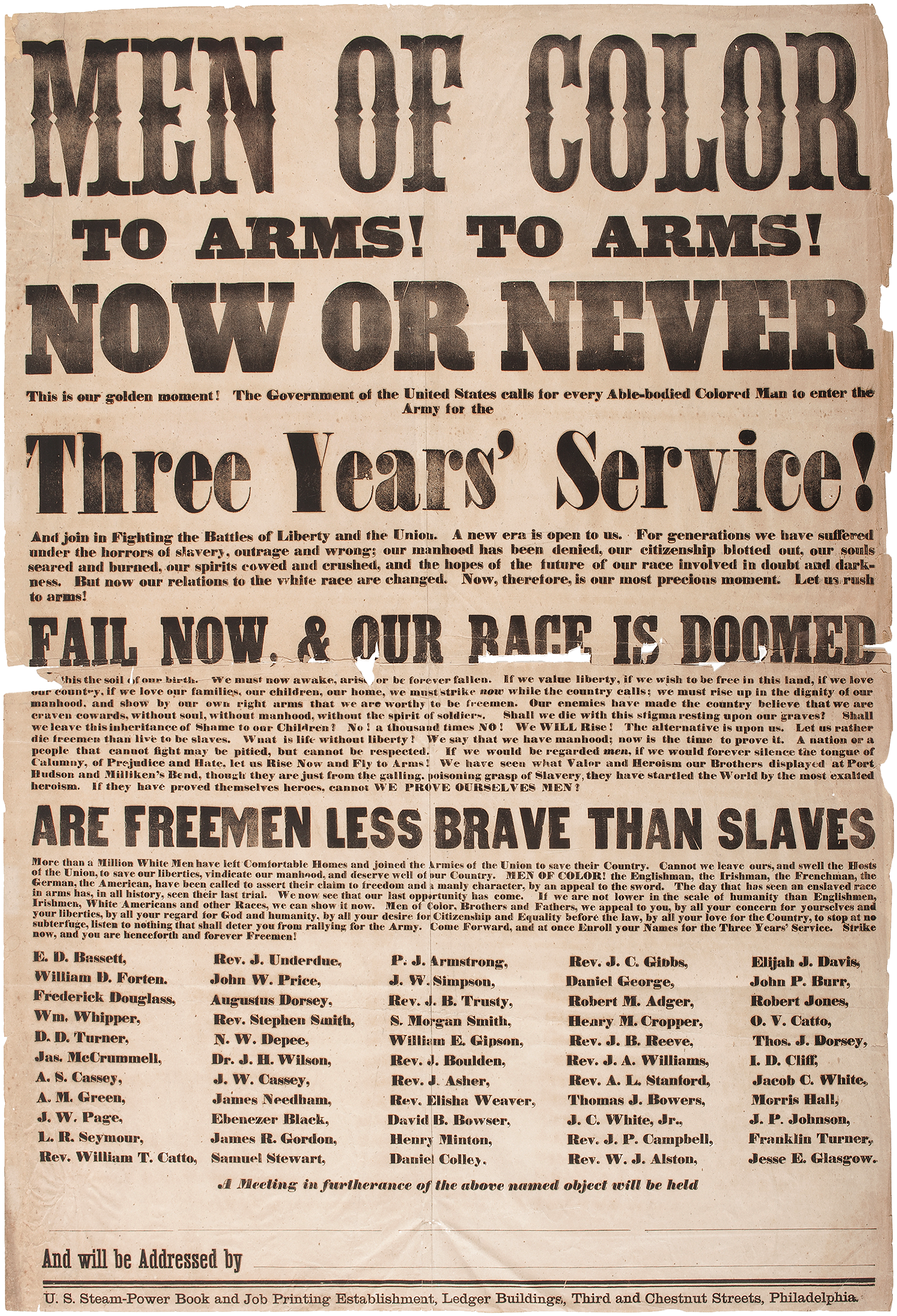 An 1863 recruitment poster printed in large black letters on old paper calling for the enlistment of African Americans into the Union military.