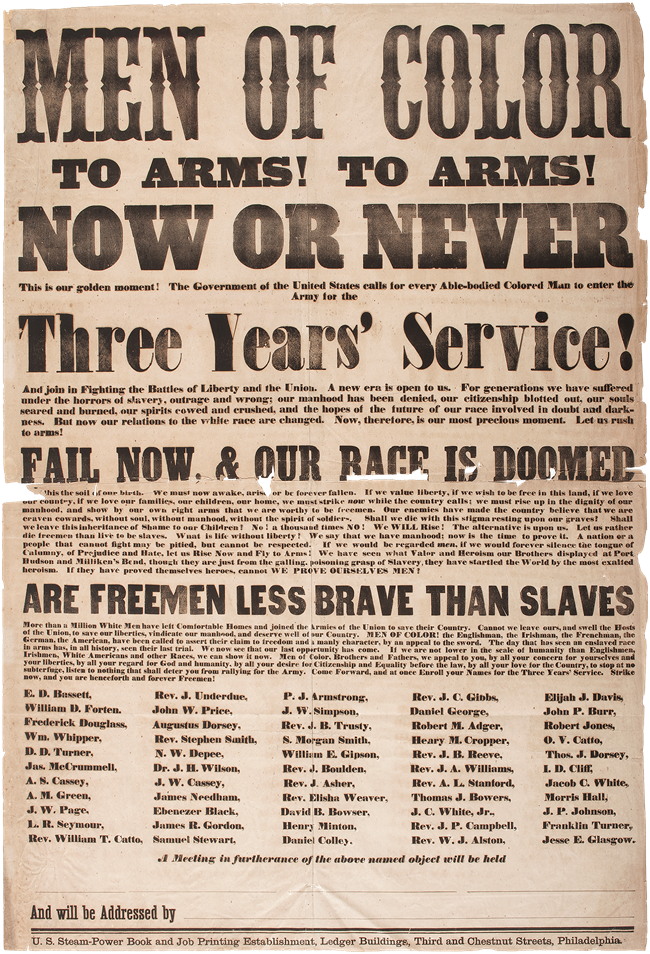 An 1863 recruitment poster printed in large black letters on old paper calling for the enlistment of African Americans into the Union military.