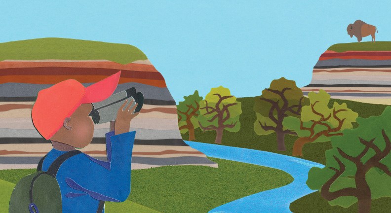 Construction paper cutout of young boy looking through binoculars at landscape.