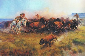 Painting by Charles Russel depicting Plains Indians hunting buffalo on horseback