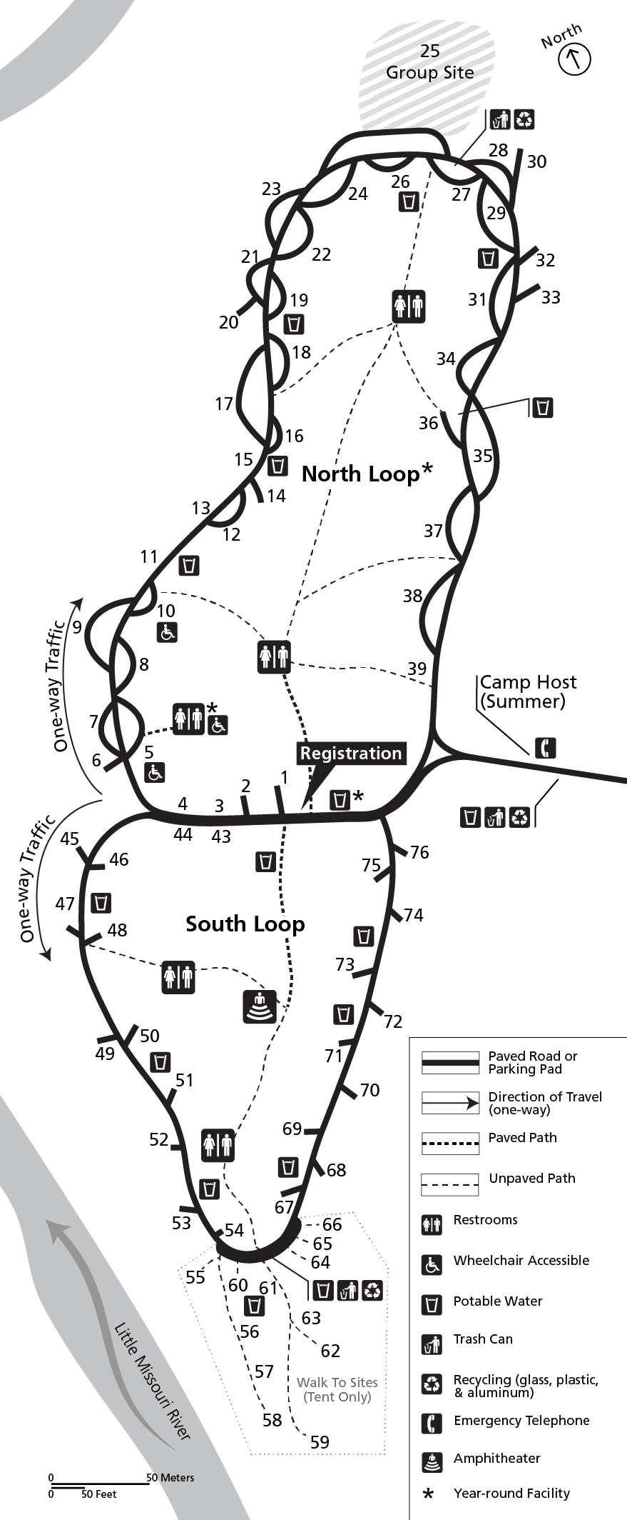A line-drawing map shows a campground composed of two loops with 76 campsites
