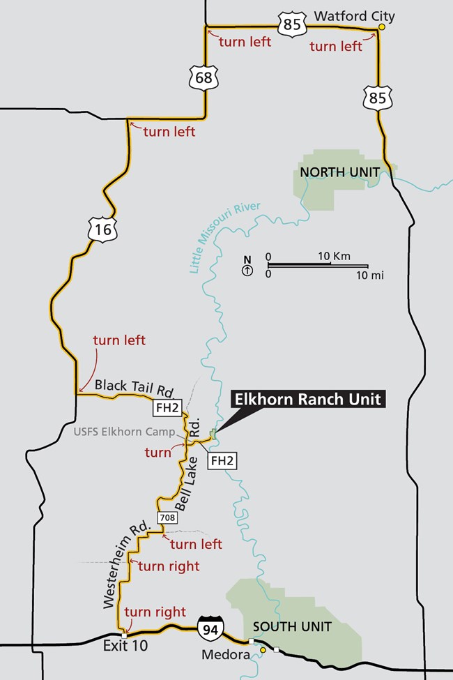 A map shows the park's three units and indicates the driving route to the Elkhorn Ranch Unit