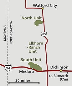 The North Unit is along highway 85 just south of Watford City. The South Unit is on I-94 near Medora. The Elkhorn Ranch Unit is located roughly in the middle, away from all roads.