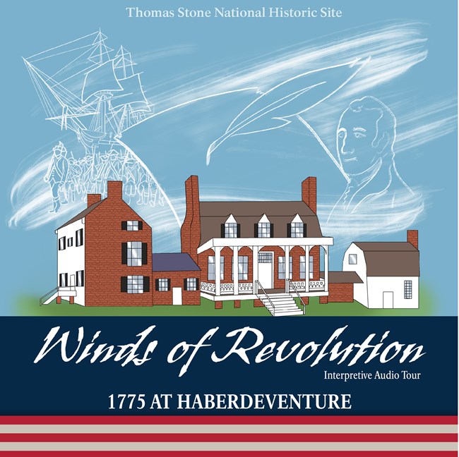 Drawing of the thomas stone house with revolutionary war, document and feather quill, and a ship in the wind.