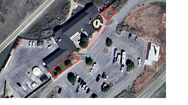 An aerial view of Golden Spike with Red boxes around two areas.