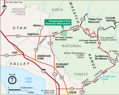 Timpanogos Cave National Monument area map featuring major roads and landmarks.
