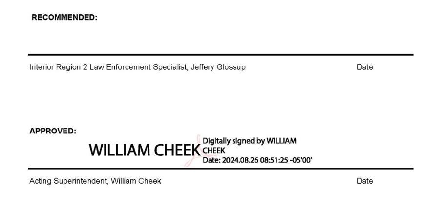 William Cheek acting superintendent's signature