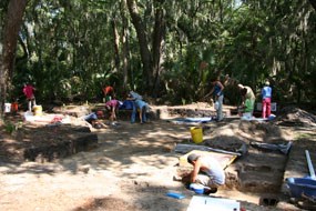Image of students working at archaeological site. Students dig into substrate and vegetation is seen all around the site.