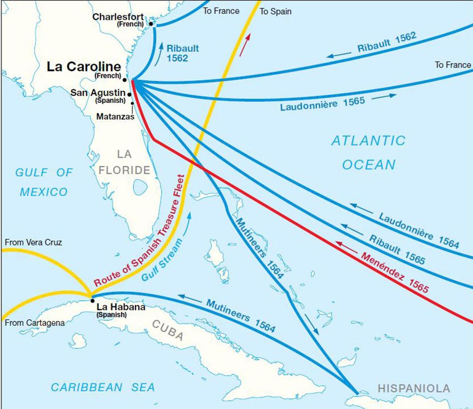a map illustrating the different paths each voyage took over the Atlantic Ocean. Some routes depict French in blue, the Spanish treasure fleet path in yellow and the Spanish settlers in red.