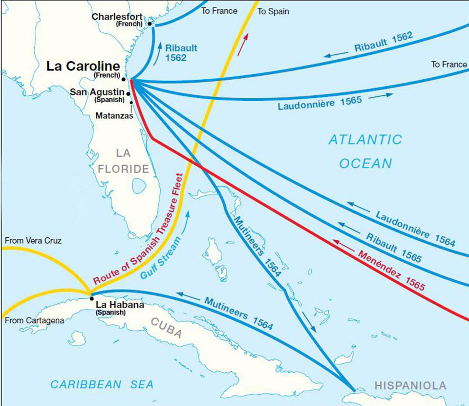 a map illustrating the different paths each voyage took over the Atlantic Ocean.