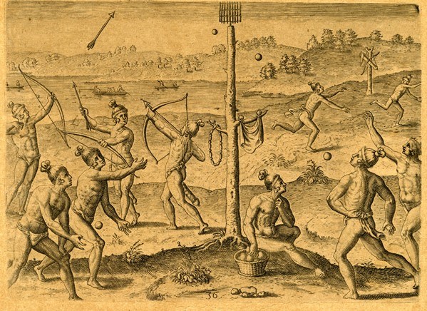 a historic engraving depicting Timucua men shooting arrows