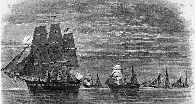1861 line engraving of six ships sailing in water with cloudy skies