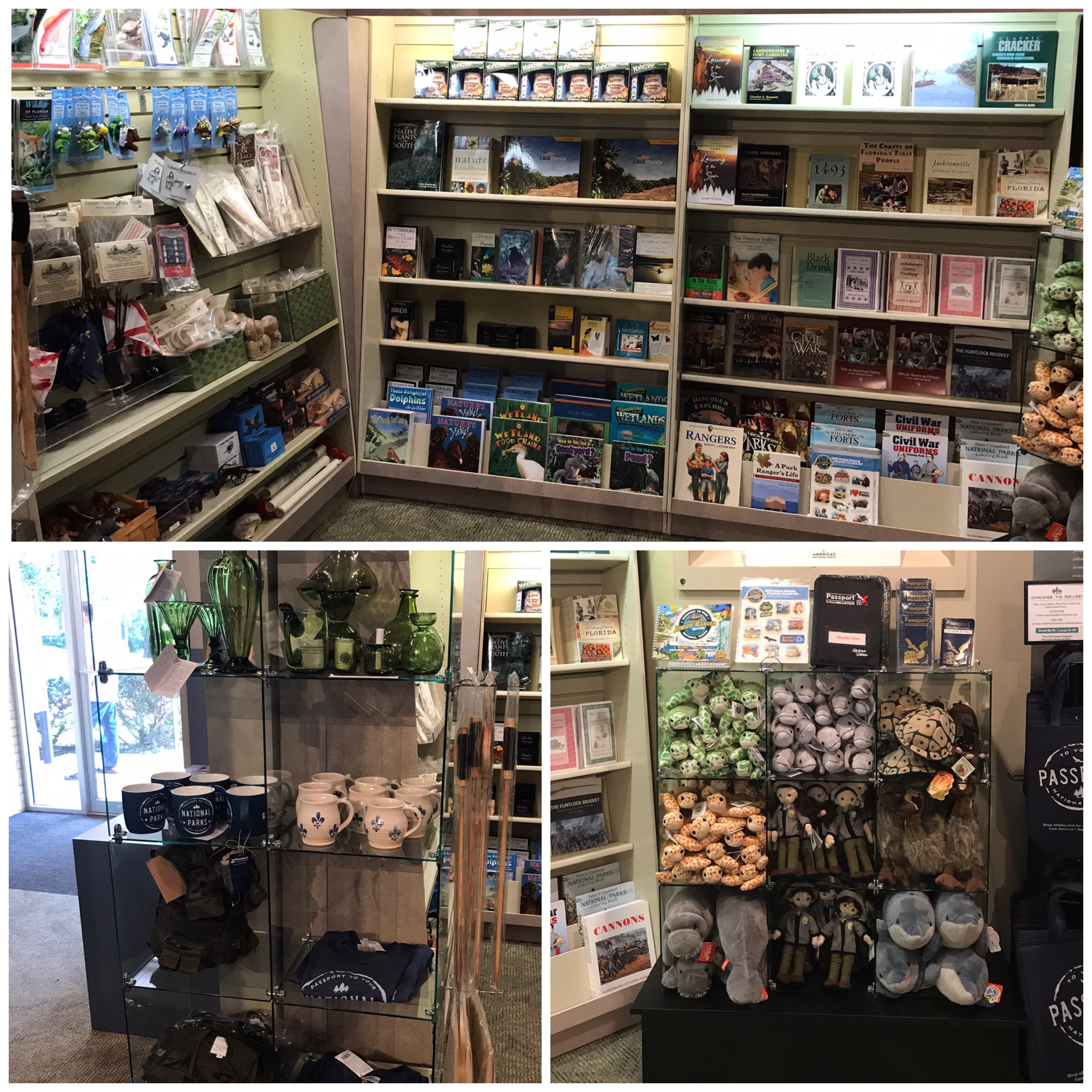 photo collage top image is book shelves, nest cubby of stuffed animals, then storage shelf with green glass, t shirts