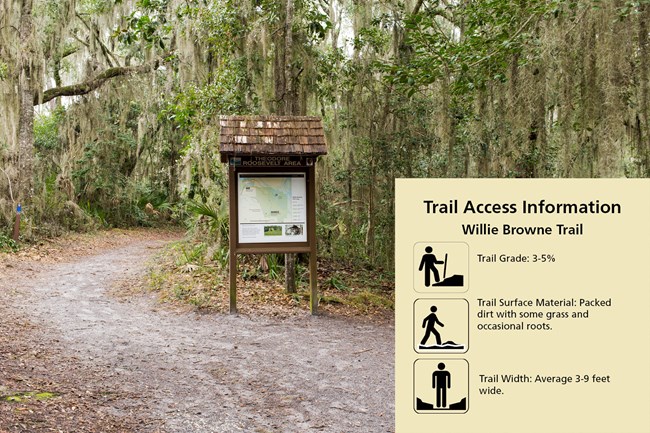 A trail in woods with a large map center and a graphic on accessibility in the corner with symbols that reads "Trail Grade: 3-5% Trail Surface Material: Packed dirt with some grass and occasional roots.  Trail Width: Average 3-9 feet wide."