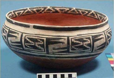 Image of Nine Mile Polychrome bowl with white and black exterior and red interior.