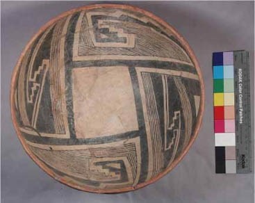 Image of Pinto Polychrome bowl looking down. Interior is a black and white design.