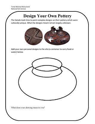 Design your own pottery worksheet with two images of Salado Pottery and one blank pot to color in.