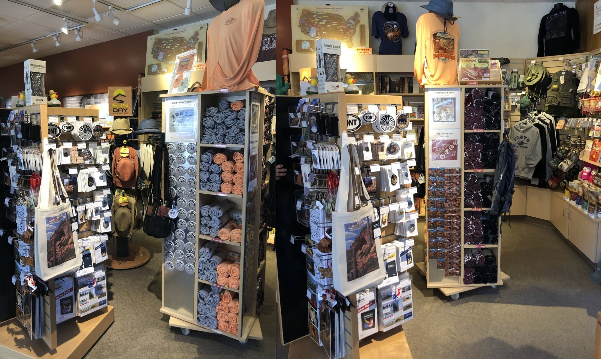 Photo of a gift shop with various souvenirs like t-shirts, books, postcards, and magnets.