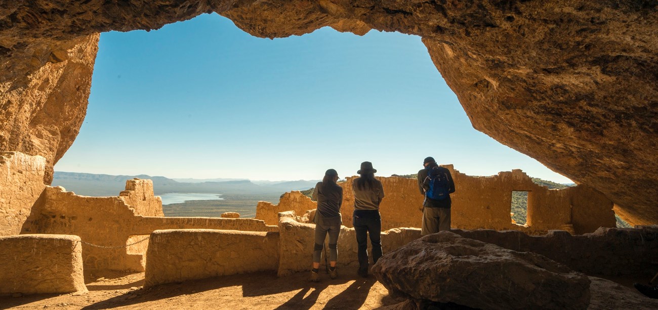 View from the Upper Cliff Dwelling looking over walls and out on the Tonto Basin and Lake Roosevelt.