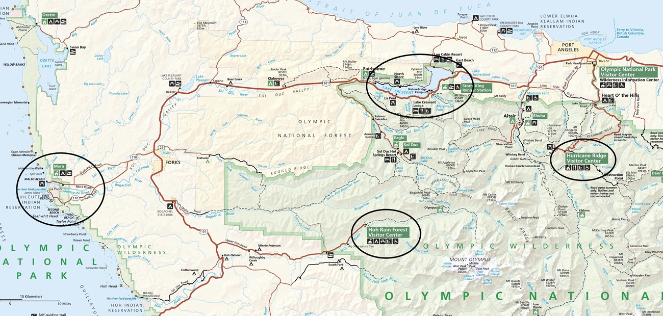 Map of Olympic National Park with areas circled