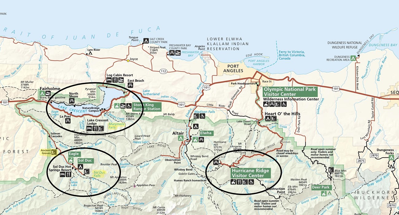 Map of Olympic National Park with circled areas.