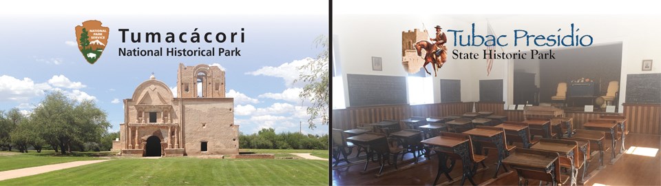 side-by-side images of Tumacácori's mission church and Tubac's schoolhouse interior