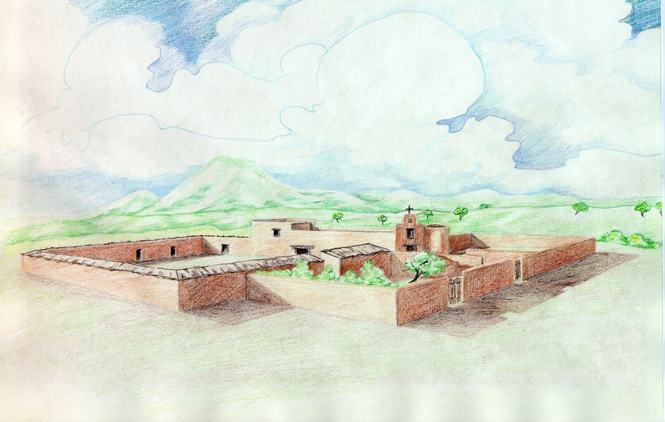 colored pencil drawing of mission complex