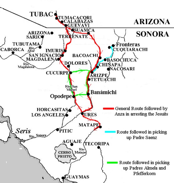 map of pimería alta with route of jesuit arrest