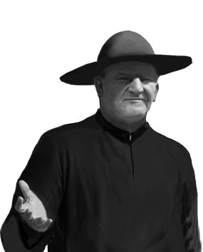 black and white photo of man in black priest robes and hat