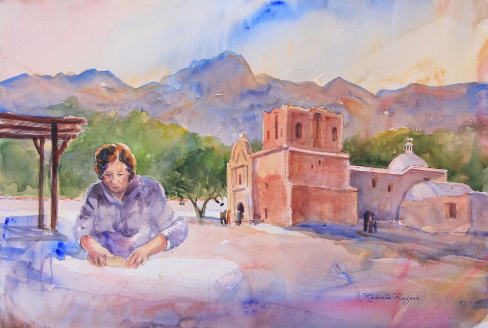watercolor painting of tortilla demonstrator in front of church::+SELECTED-Taste-of-Tumacacori_Roberta-Rogers