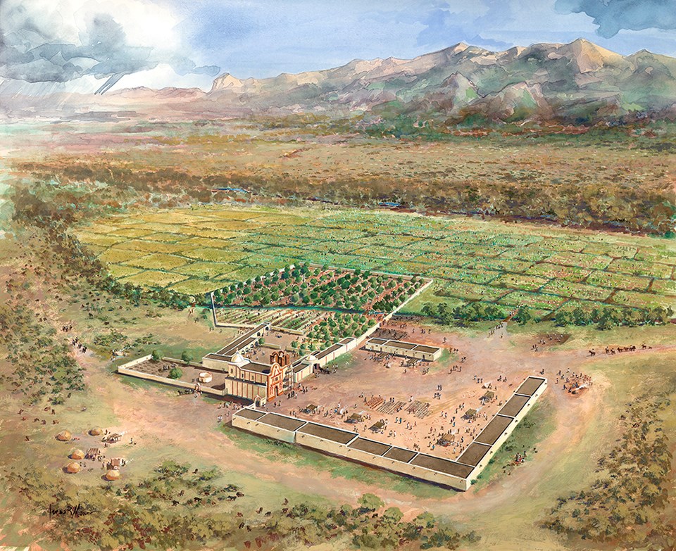 painted illustration of mission grounds with mountains in the background