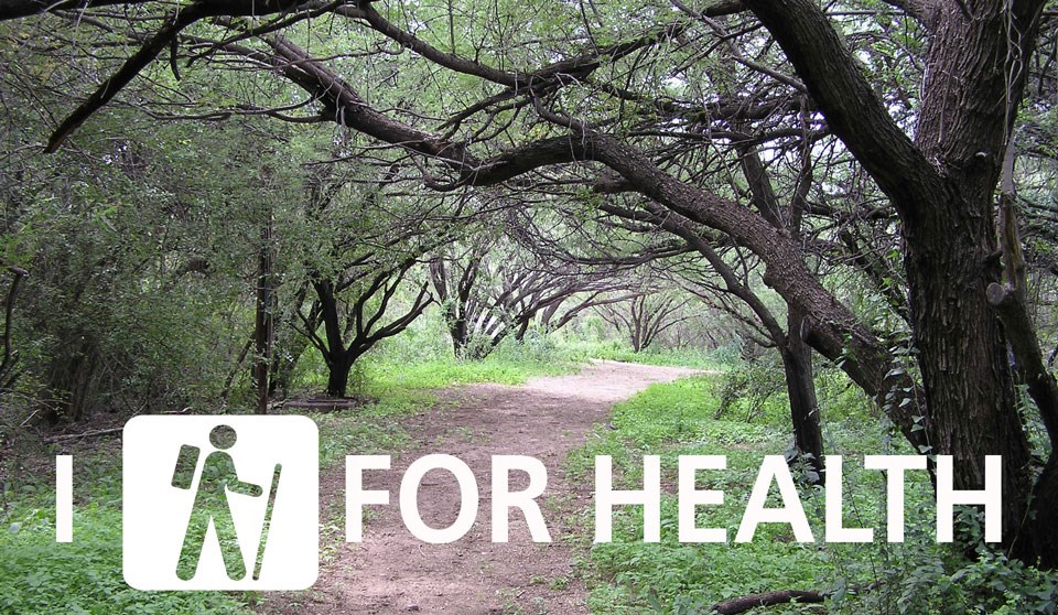 wooded path with I Hike For Health logo