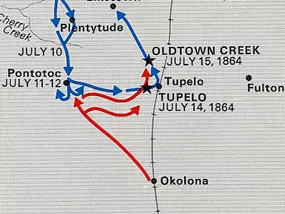 A map showing the movements of Federal and Confederate forces during the Battle of Tupelo.